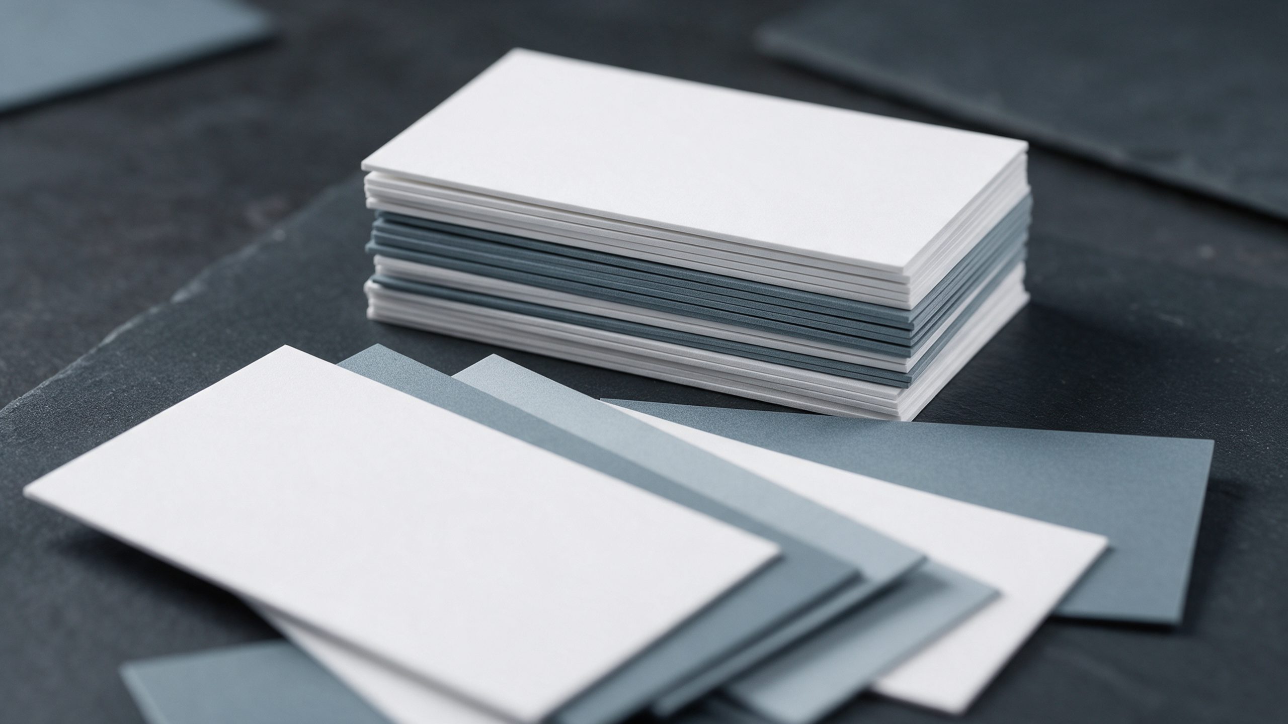 A stack of blank thick business cards in white and slate with a few cards fanned in front