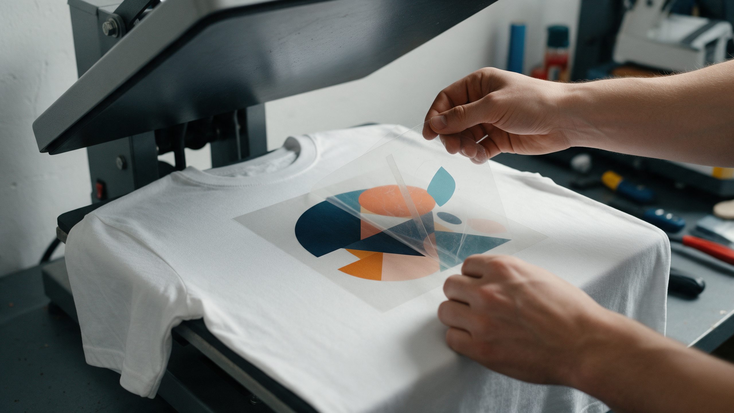 A blank cotton T-shirt in a heat press while a clear transfer film is peeled from an abstract geometric design