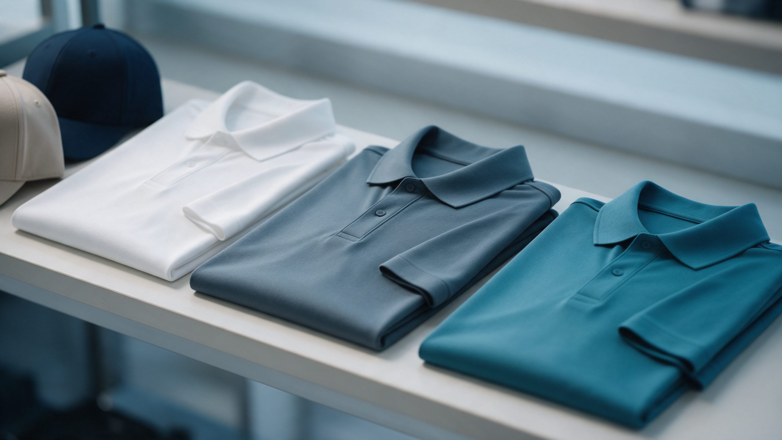 Neatly folded plain polo shirts in white, slate and teal beside two plain caps on a light shelf