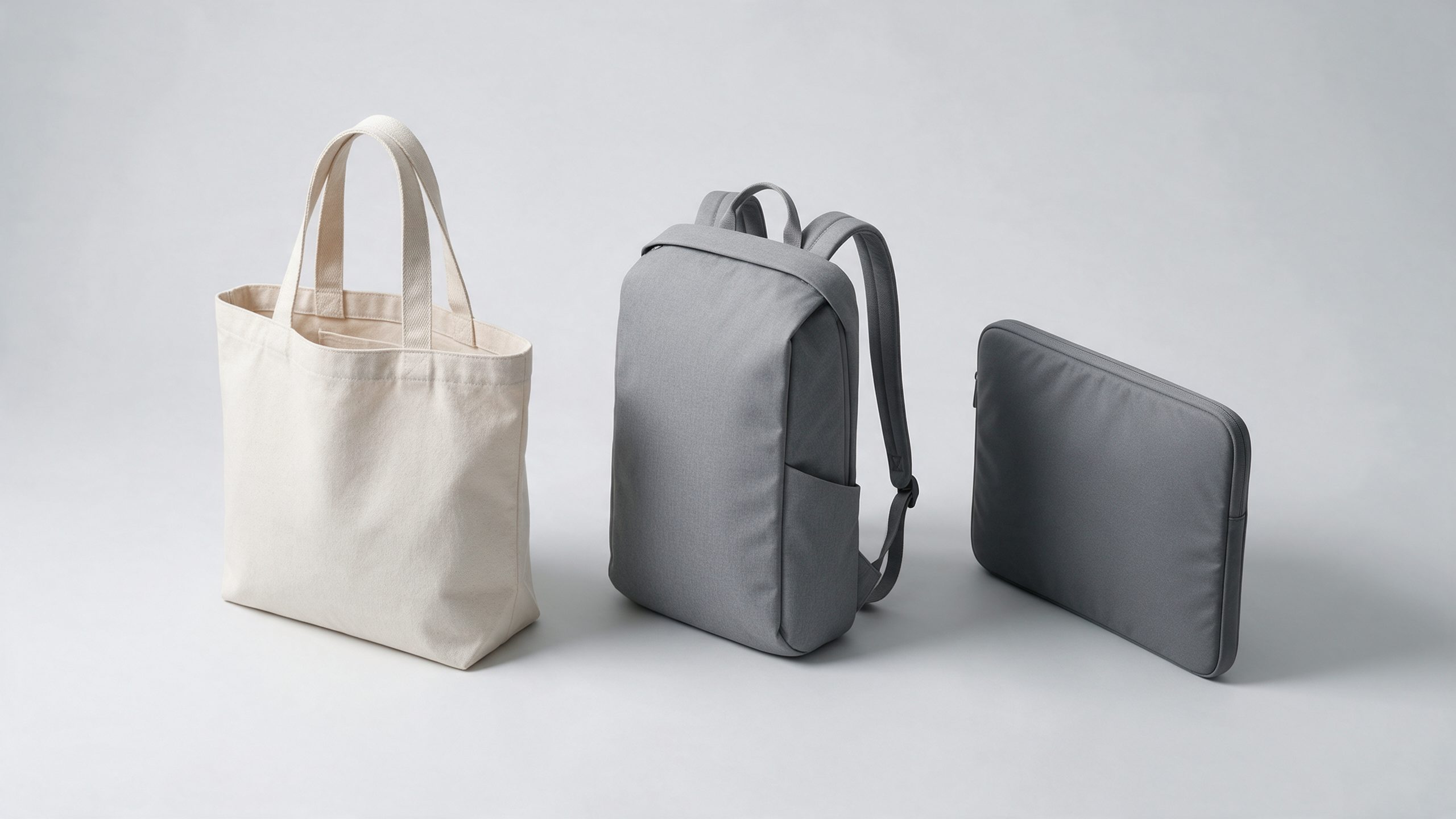 A plain canvas tote bag, a slim grey backpack and a laptop sleeve on a pale grey backdrop