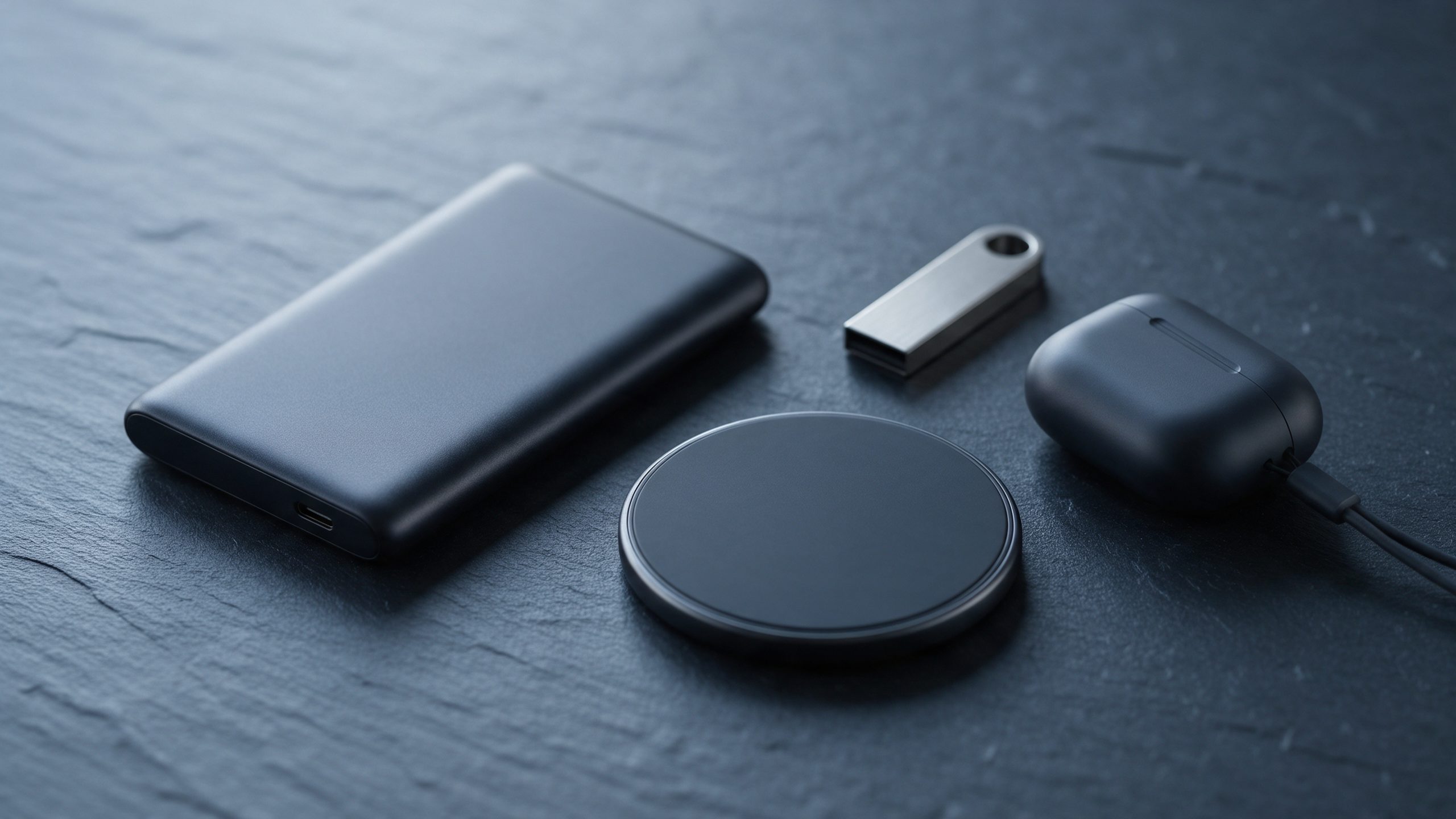 شاحن متنقل نحيل وقاعدة شحن لاسلكي وذاكرة USB معدنية وعلبة سماعات على سطح أردوازي داكن