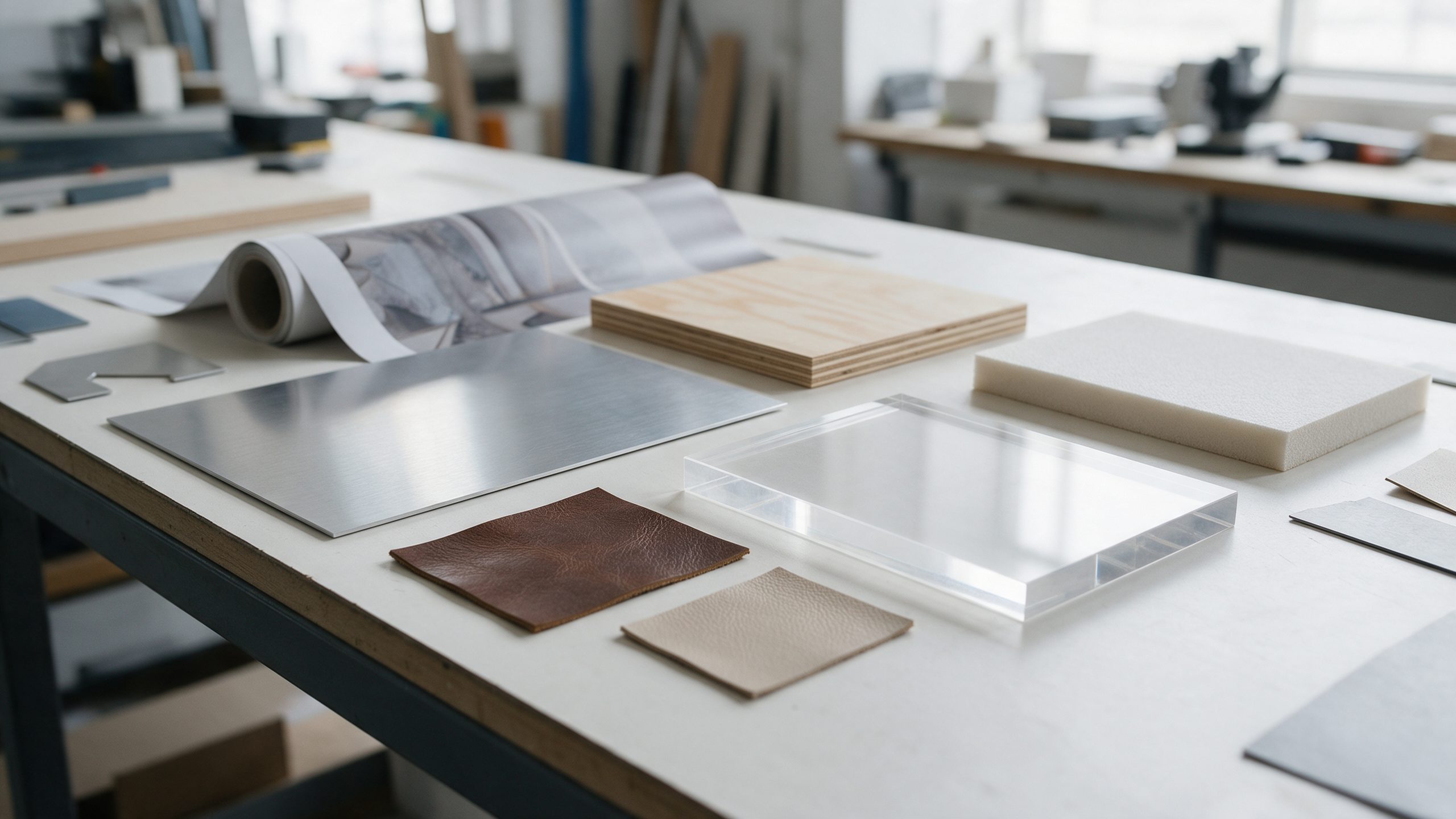 عيّنات مواد على طاولة ورشة: ألمنيوم مصقول وأكريليك شفاف وخشب رقائقي وفينيل مطبوع وفوم بورد وجلد