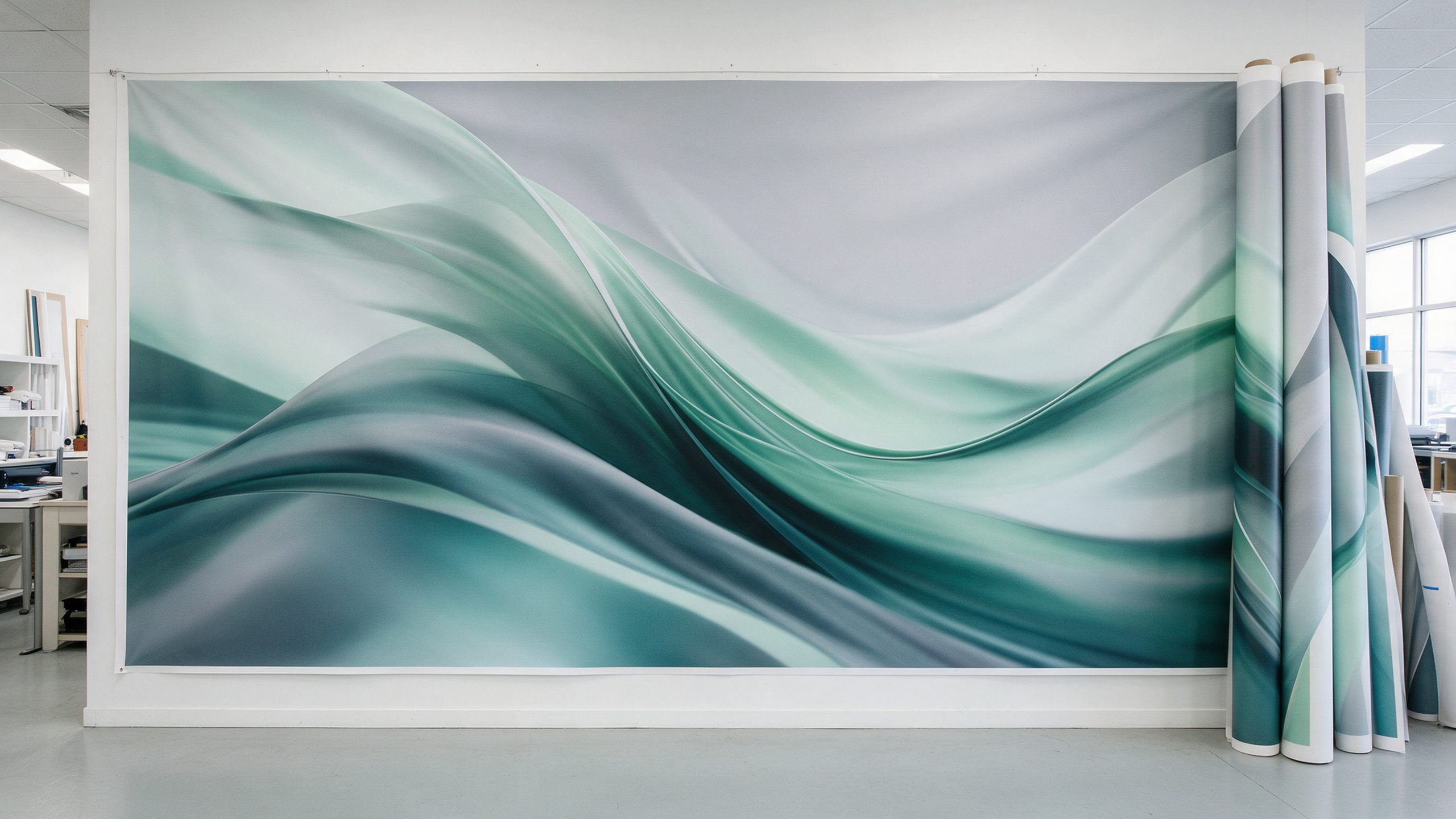 A wide printed graphic with a teal and grey wave design stretched along a showroom wall, with rolls of printed material beside it