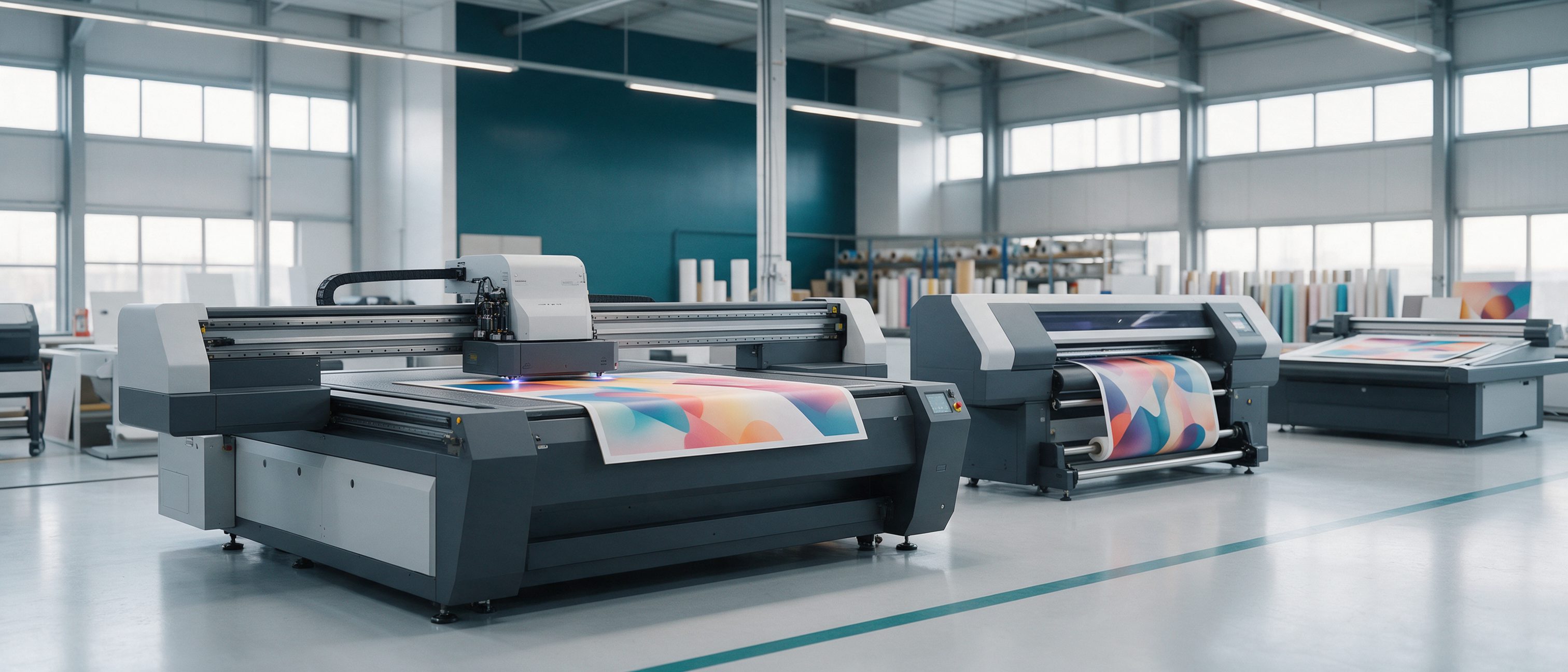 A bright production hall with a large UV flatbed printer printing a colourful panel, a roll-to-roll wide-format printer beside it and a second flatbed beyond