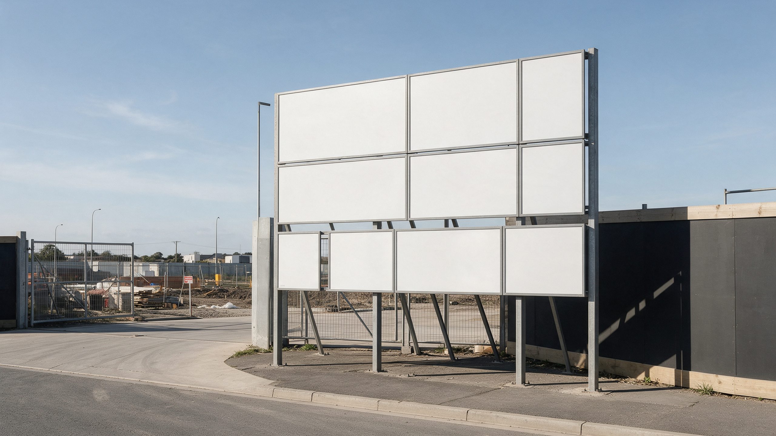 A project information signboard structure at a development site entrance with large blank panels on a steel frame