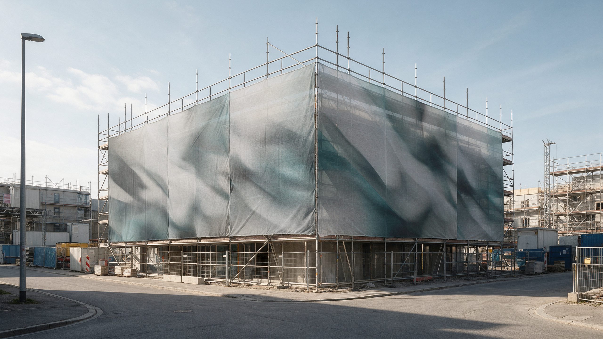 Scaffolding on a building under construction wrapped with large blank printed facade mesh graphics