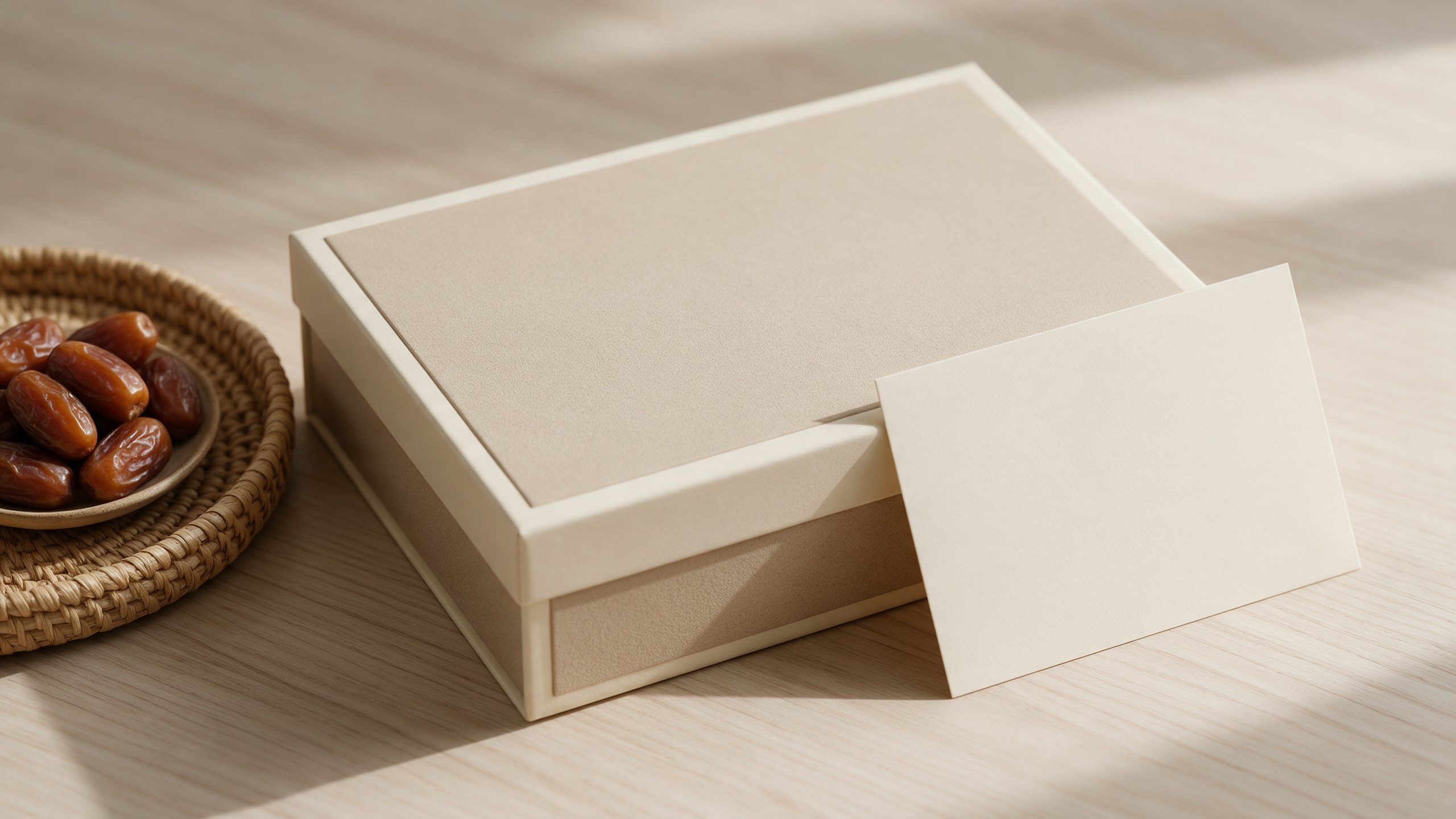An Eid Al-Adha corporate greeting set with a sand and cream gift box, a blank card, a dish of dates and a woven tray on a light wood table
