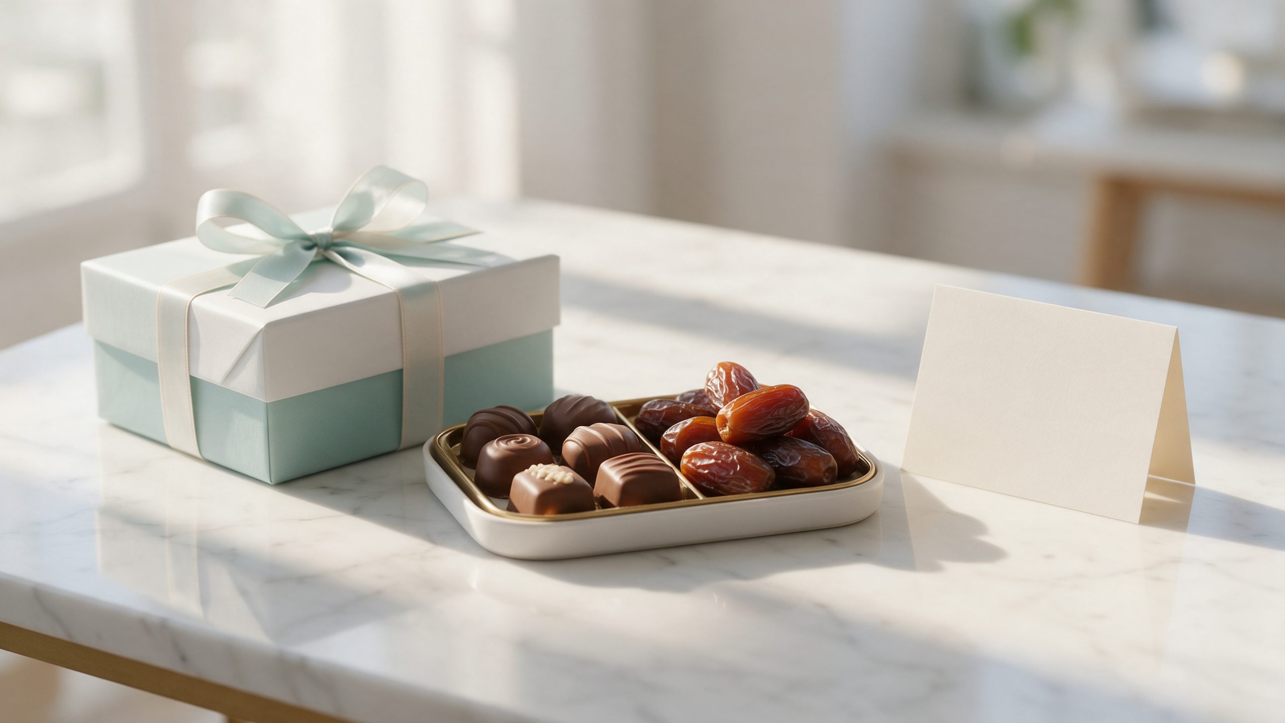 An Eid greeting gift arrangement with a pale teal and white gift box, a tray of chocolates and dates and a blank greeting card on white marble