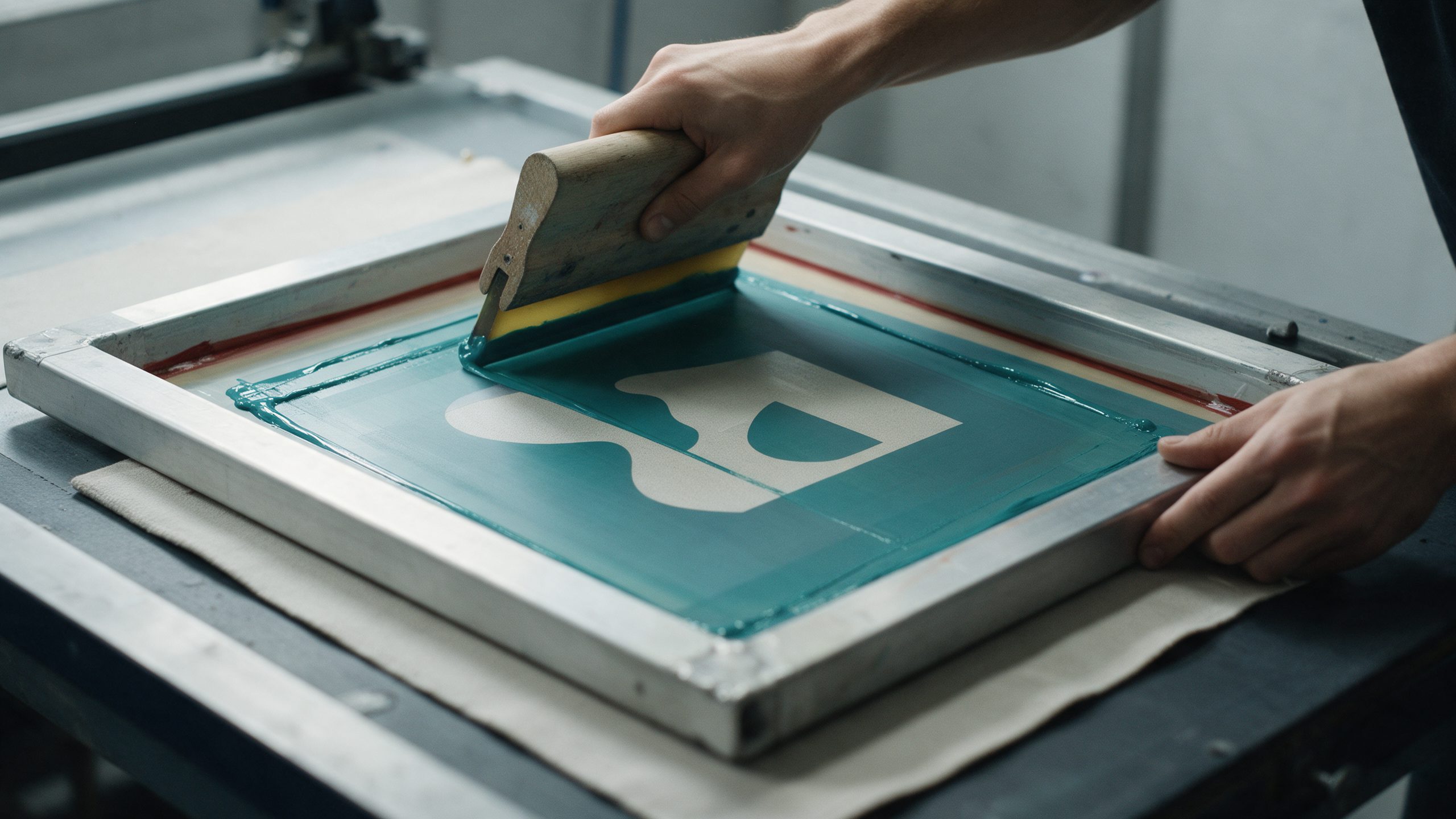 A screen printing mesh frame on a bench with a squeegee drawing teal ink across a stencil over a fabric panel