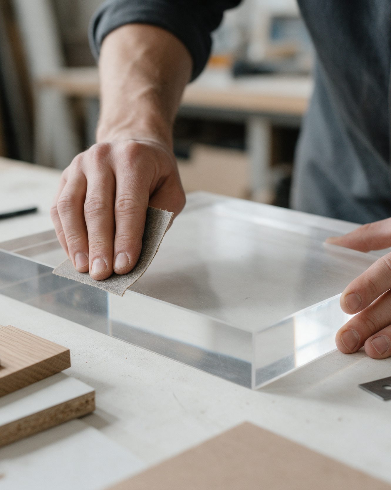 Hands polishing the edge of a clear acrylic panel on a workshop bench