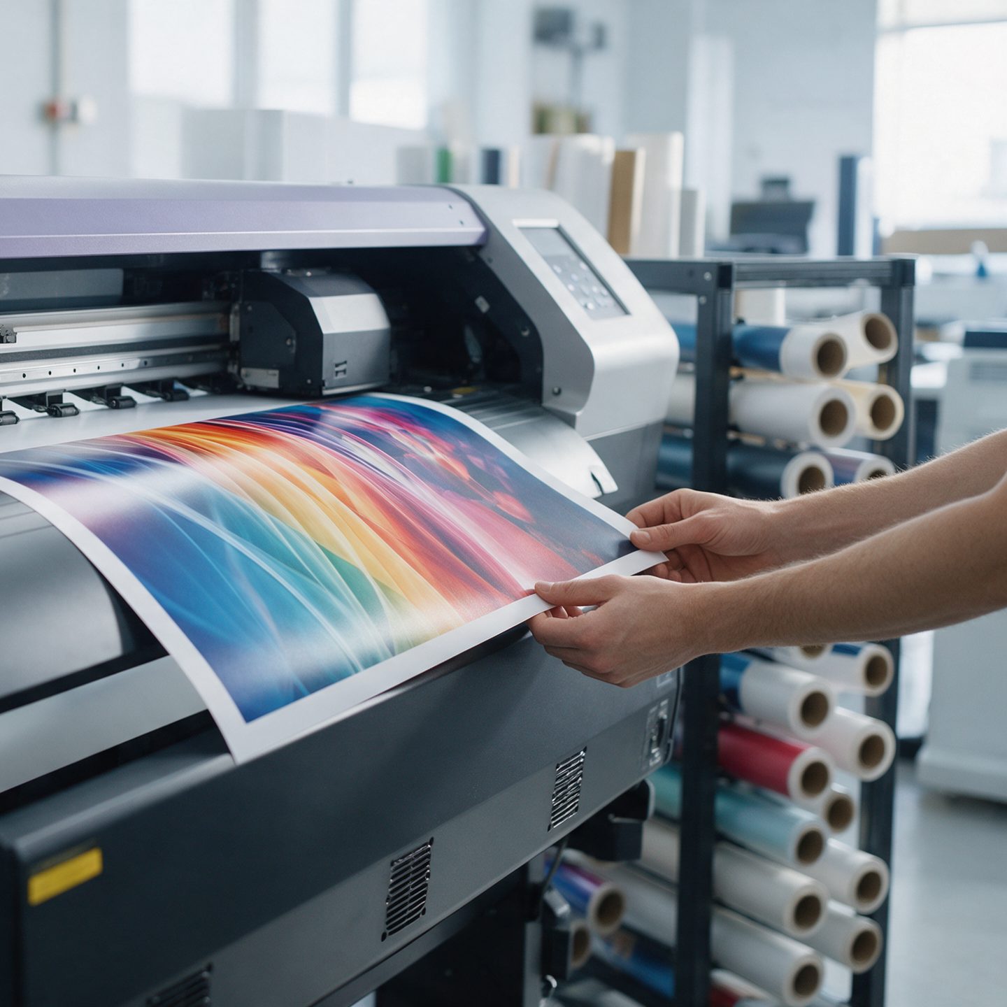 A wide-format printer printing a full-colour banner, with an operator's hands checking the edge