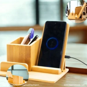 Bamboo Desk Organizer with Wireless Charging Phone Stand
