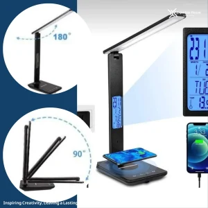 مصباح مكتب LED قابل للطي مع قاعدة شحن لاسلكي وساعة رقمية